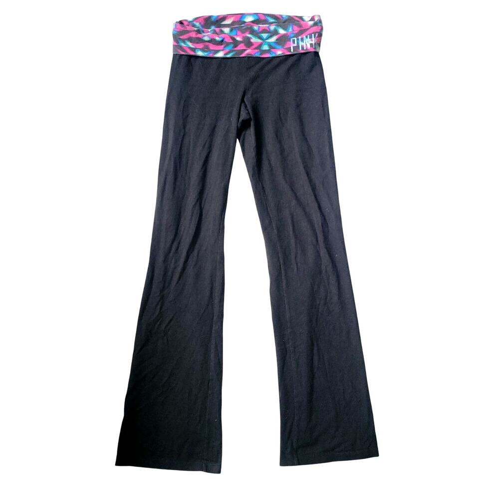 VS Pink Womens Small 2013 Foldover Yoga Pants Flare Leggings Black Logo Y2K